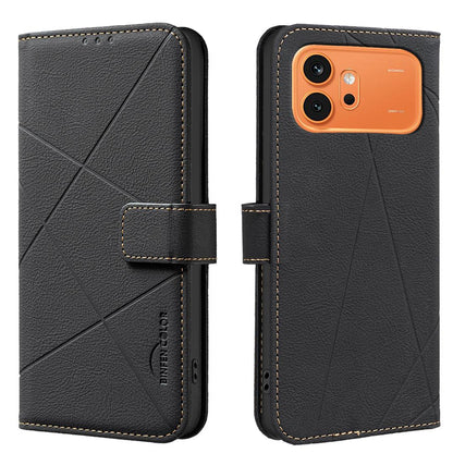 For Honor 600 Global Geometric Pattern RFID Leather Phone Case - Black - EDA007878622E