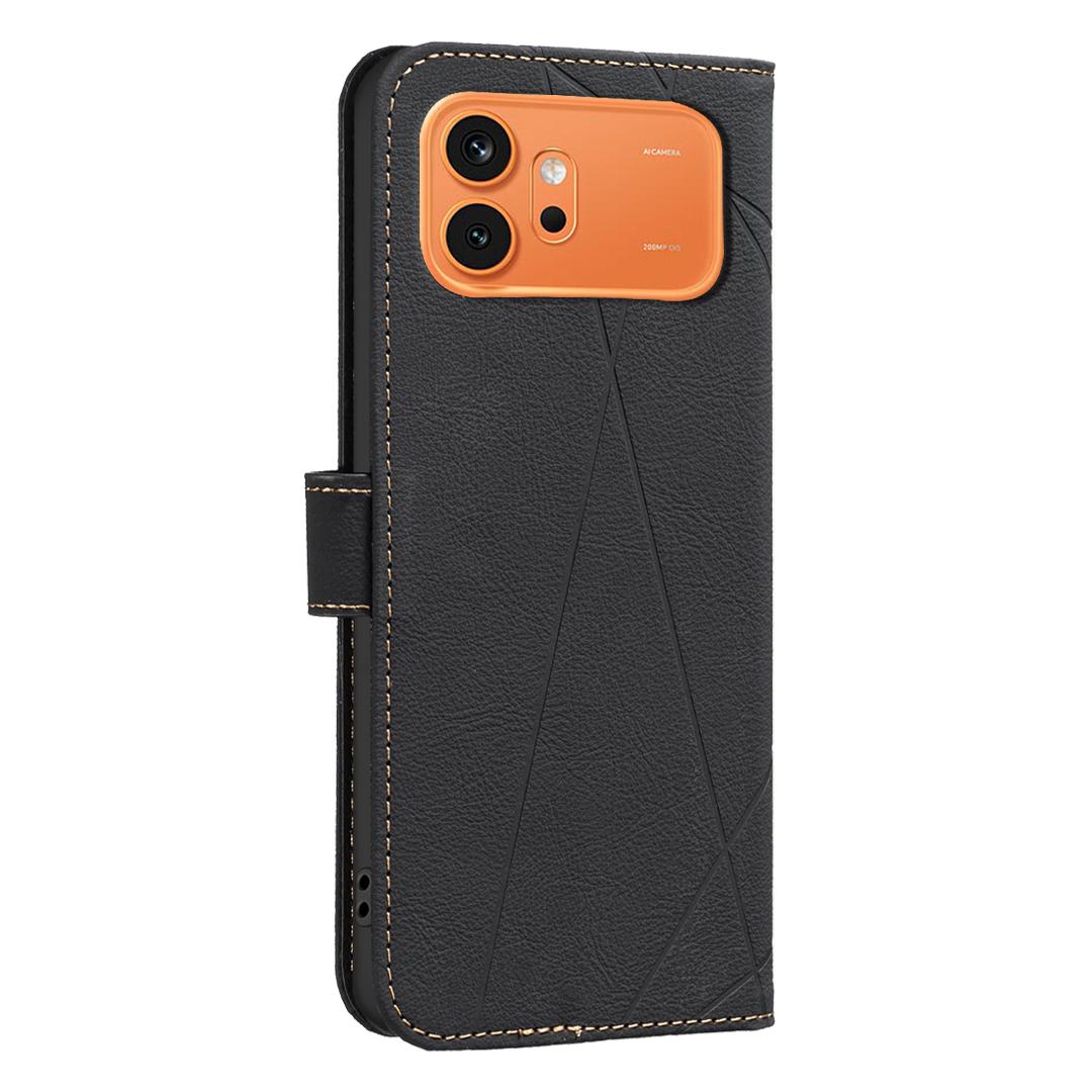 For Honor 600 Global Geometric Pattern RFID Leather Phone Case - Black - EDA007878622E