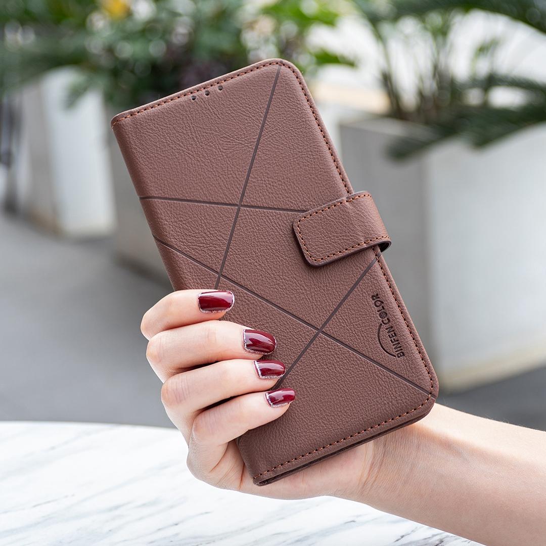For Redmi K90 Max 5G Geometric Pattern RFID Leather Phone Case - Brown - EDA007878841A