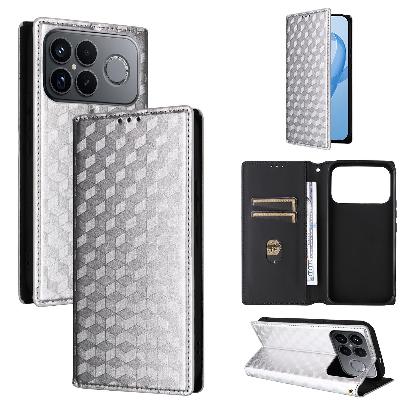 For Redmi K90 Pro Max 5G / Poco F8 Ultra Cubic Grid Texture Flip Leather Phone Case(Silver)
