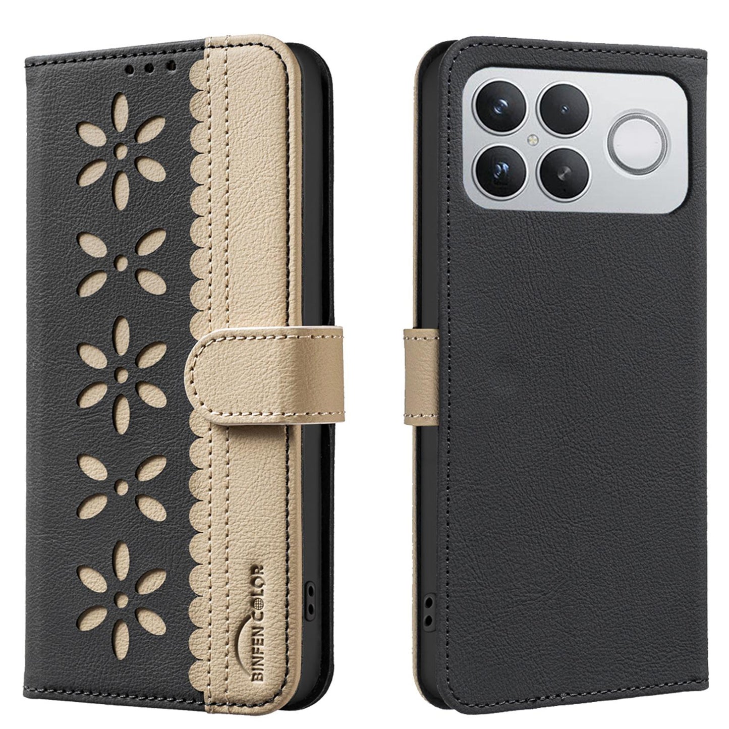 For Redmi K90 Pro Max/Poco F8 Ultra Splicing Color Hollow Flower Pattern RFID Leather Phone Case(Black)