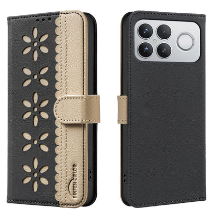 For Redmi K90 Pro Max/Poco F8 Ultra Splicing Color Hollow Flower Pattern RFID Leather Phone Case(Black)