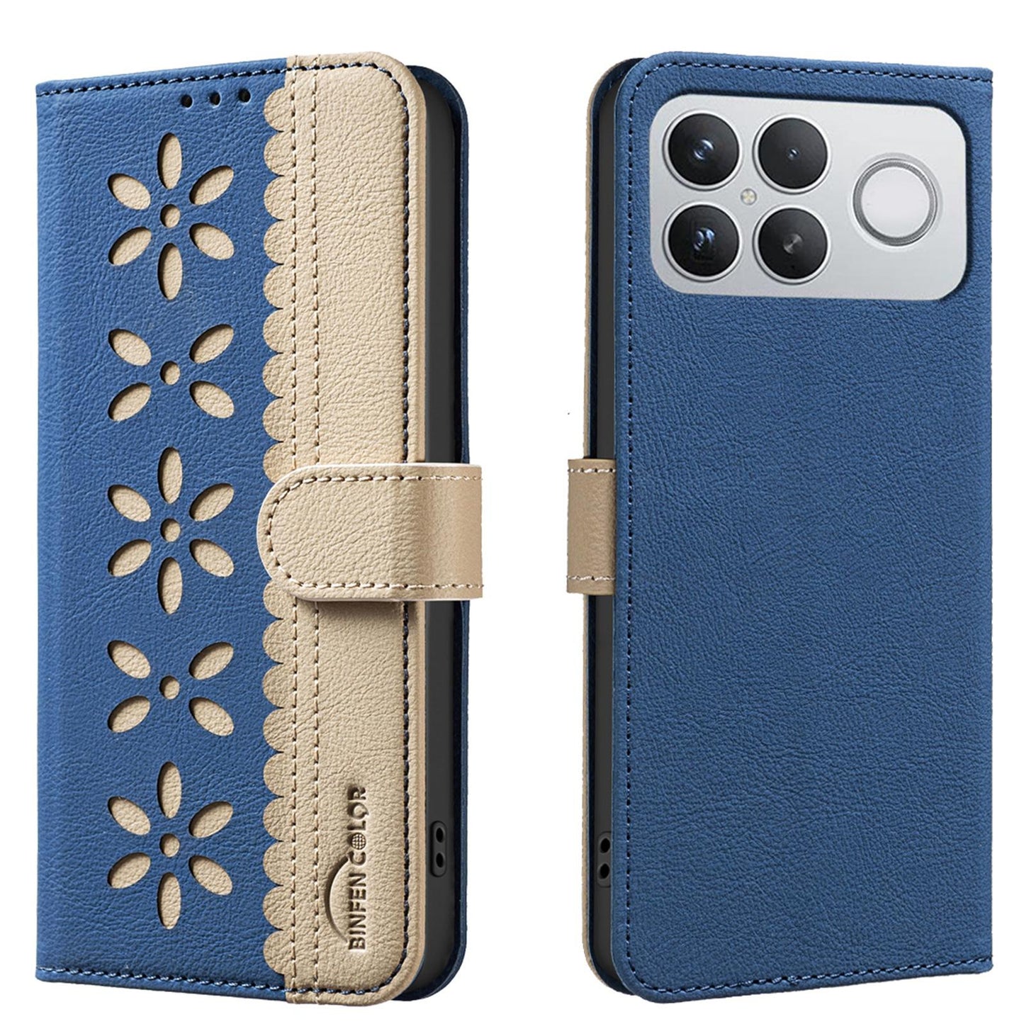 For Redmi K90 Pro Max/Poco F8 Ultra Splicing Color Hollow Flower Pattern RFID Leather Phone Case(Dark Blue)