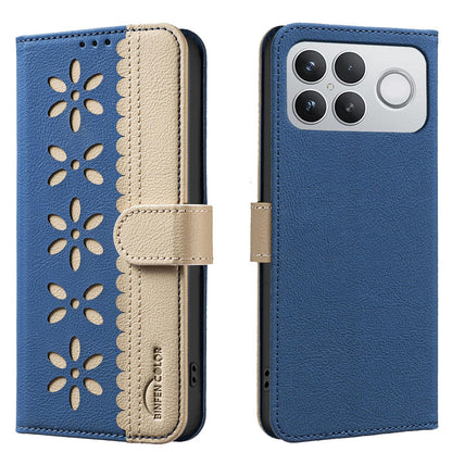 For Redmi K90 Pro Max/Poco F8 Ultra Splicing Color Hollow Flower Pattern RFID Leather Phone Case(Dark Blue)