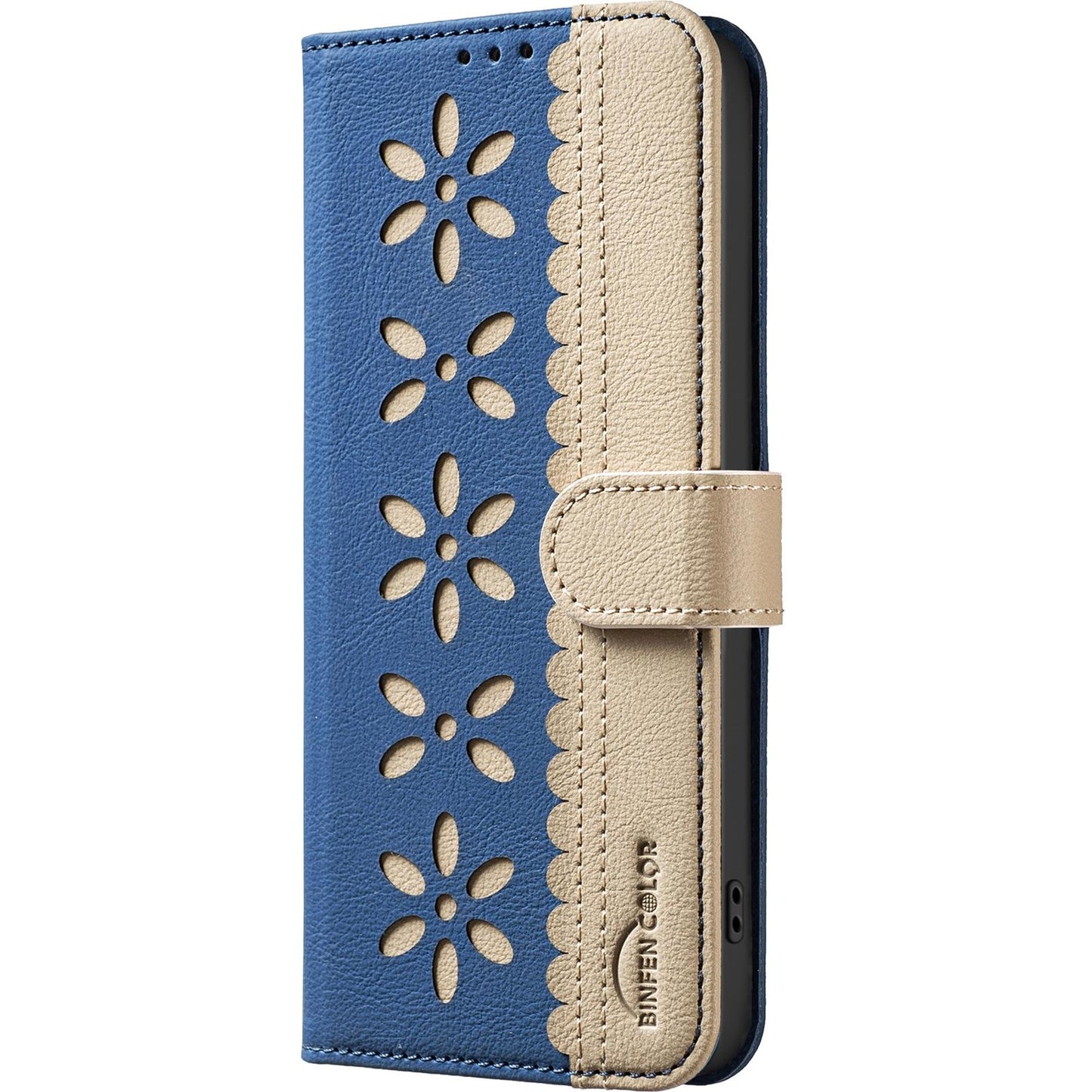 For Redmi K90 Pro Max/Poco F8 Ultra Splicing Color Hollow Flower Pattern RFID Leather Phone Case(Dark Blue)