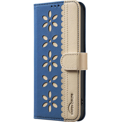 For Redmi K90 Pro Max/Poco F8 Ultra Splicing Color Hollow Flower Pattern RFID Leather Phone Case(Dark Blue)