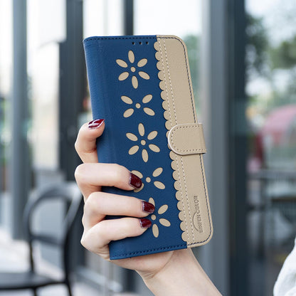 For Redmi K90 Pro Max/Poco F8 Ultra Splicing Color Hollow Flower Pattern RFID Leather Phone Case(Dark Blue)