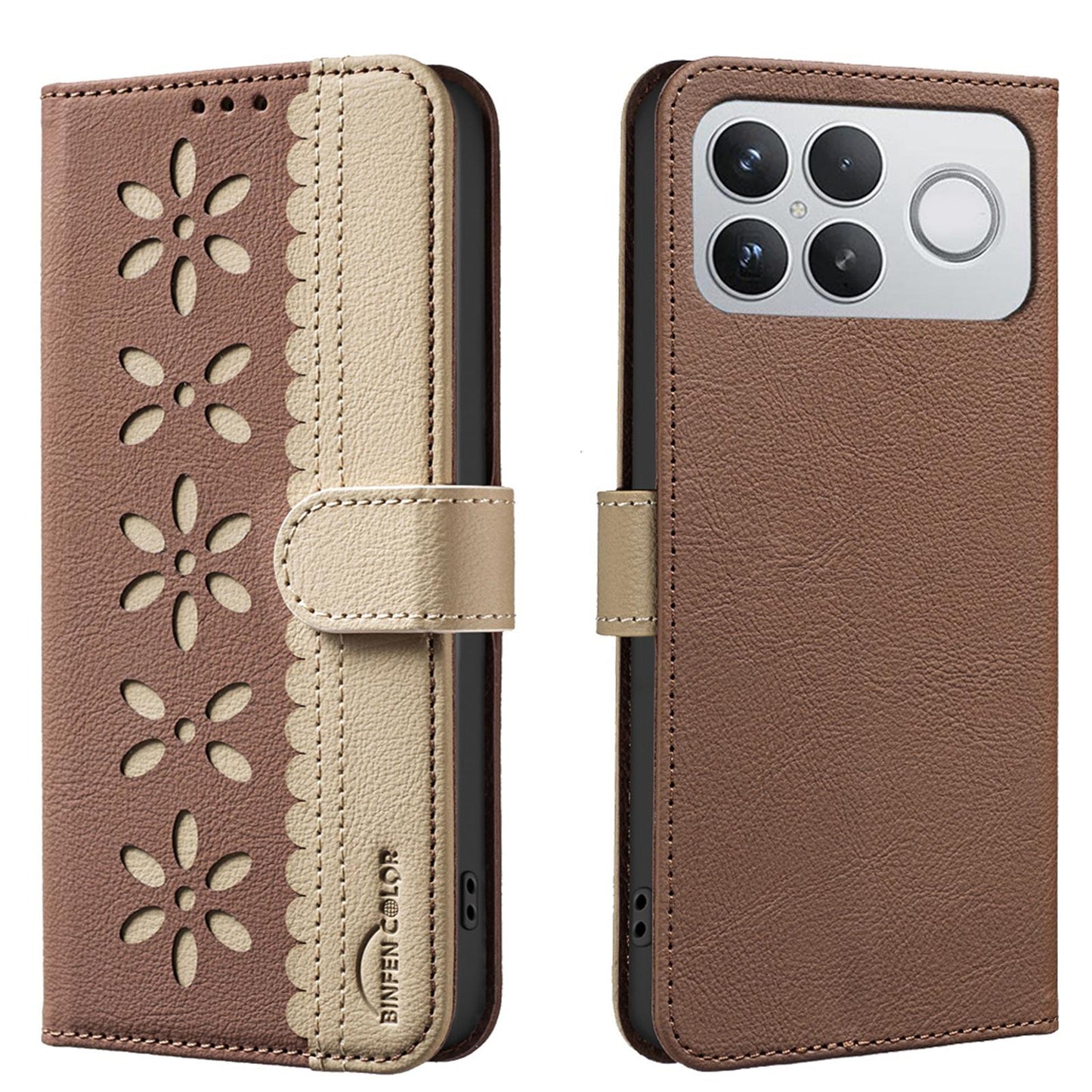 For Redmi K90 Pro Max/Poco F8 Ultra Splicing Color Hollow Flower Pattern RFID Leather Phone Case(Brown)