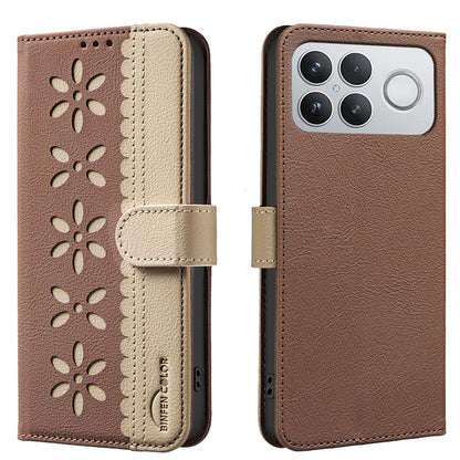 For Redmi K90 Pro Max/Poco F8 Ultra Splicing Color Hollow Flower Pattern RFID Leather Phone Case(Brown)