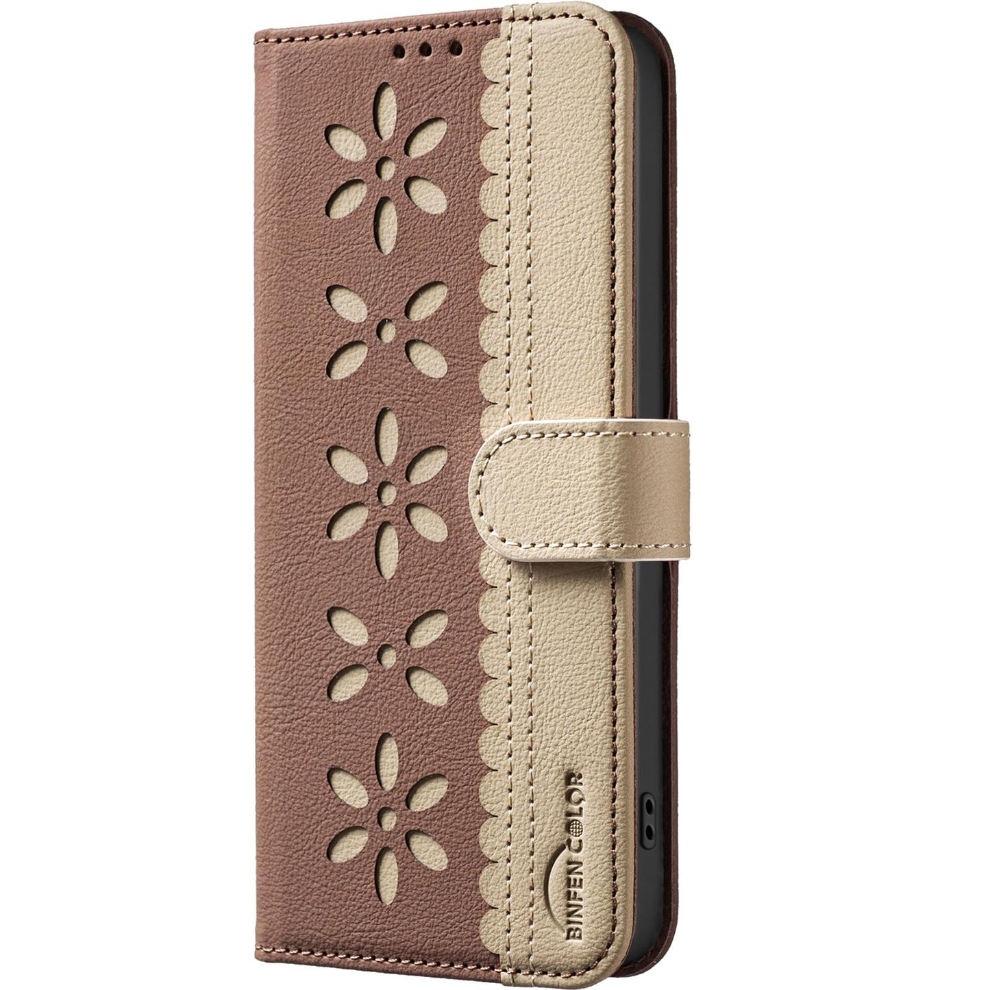 For Redmi K90 Pro Max/Poco F8 Ultra Splicing Color Hollow Flower Pattern RFID Leather Phone Case(Brown)