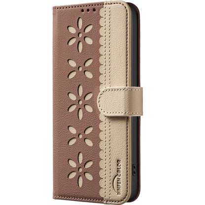 For Redmi K90 Pro Max/Poco F8 Ultra Splicing Color Hollow Flower Pattern RFID Leather Phone Case(Brown)