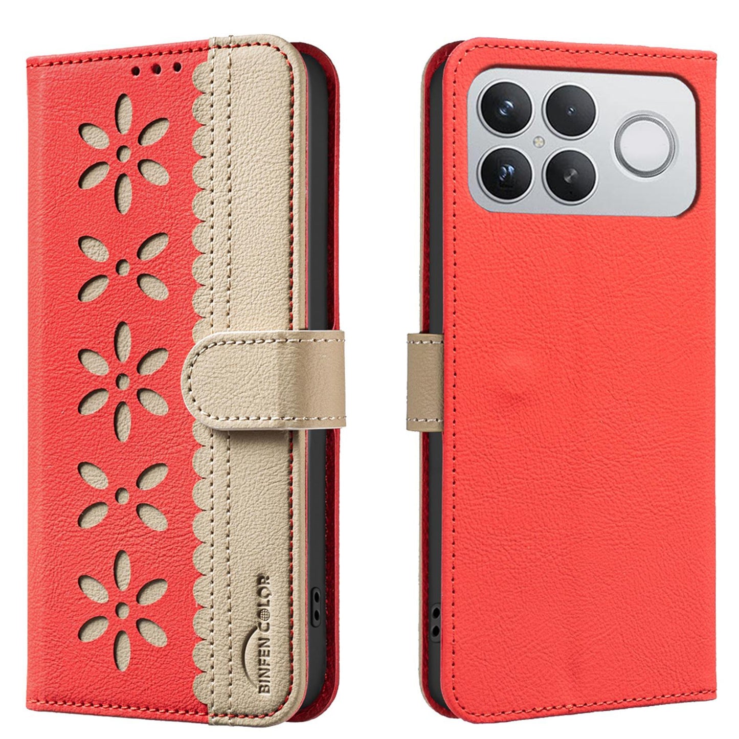 For Redmi K90 Pro Max/Poco F8 Ultra Splicing Color Hollow Flower Pattern RFID Leather Phone Case(Red)