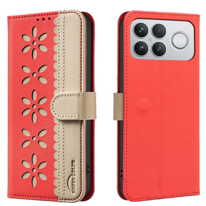 For Redmi K90 Pro Max/Poco F8 Ultra Splicing Color Hollow Flower Pattern RFID Leather Phone Case(Red)