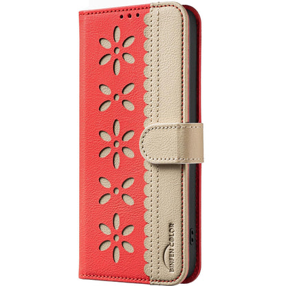 For Redmi K90 Pro Max/Poco F8 Ultra Splicing Color Hollow Flower Pattern RFID Leather Phone Case(Red)