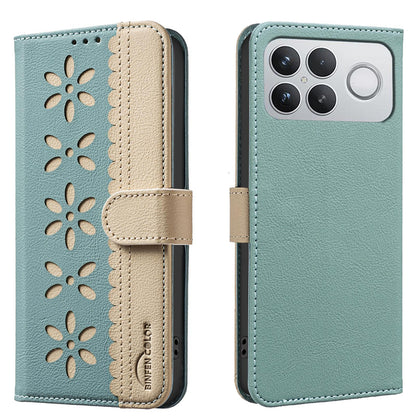 For Redmi K90 Pro Max/Poco F8 Ultra Splicing Color Hollow Flower Pattern RFID Leather Phone Case(Green)