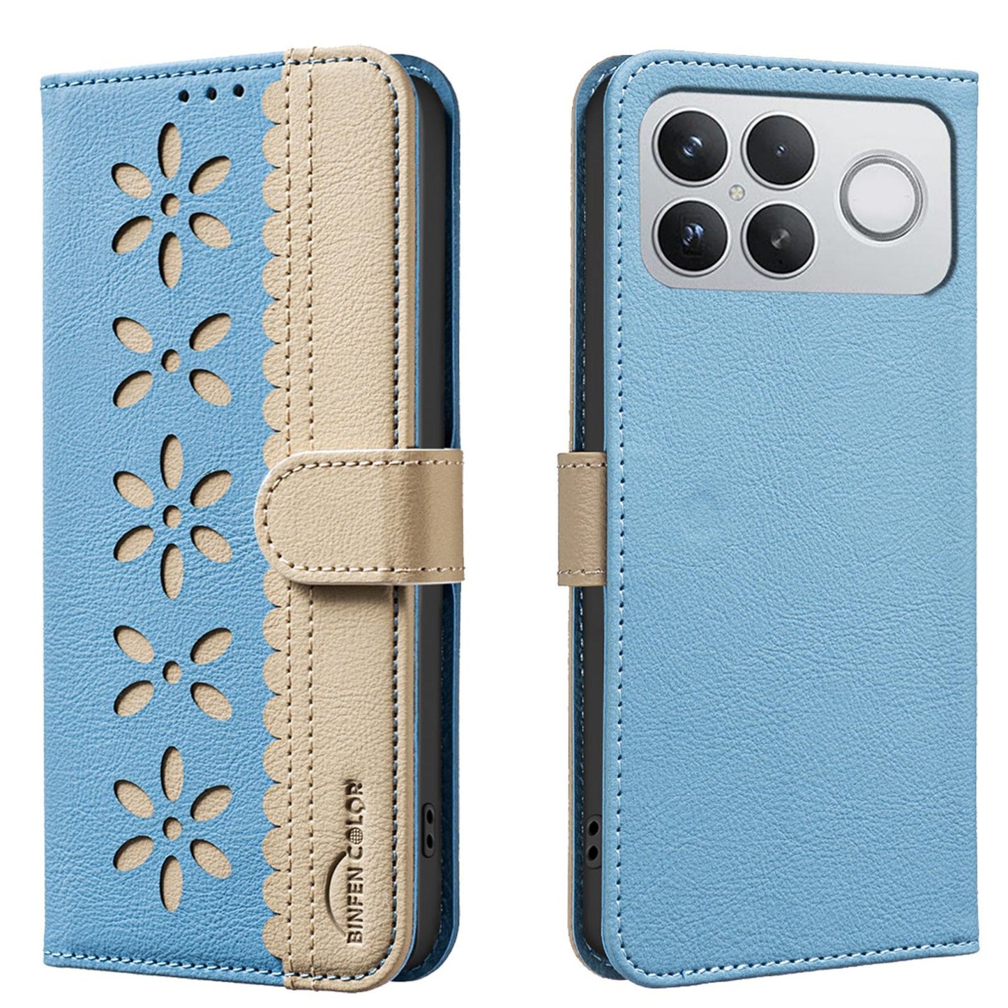 For Redmi K90 Pro Max/Poco F8 Ultra Splicing Color Hollow Flower Pattern RFID Leather Phone Case(Baby Blue)