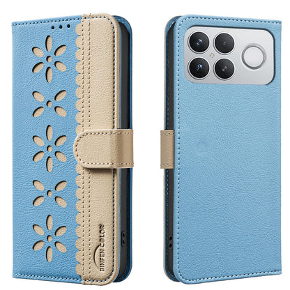 For Redmi K90 Pro Max/Poco F8 Ultra Splicing Color Hollow Flower Pattern RFID Leather Phone Case(Baby Blue)