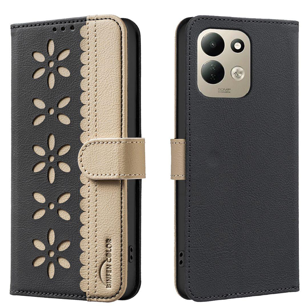 For Redmi 17 5G / 4G Global 170mm Splicing Color Hollow Flower Pattern RFID Leather Phone Case(Black)