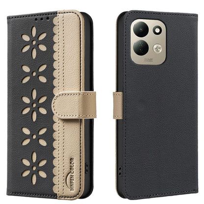 For Redmi 17 5G / 4G Global 170mm Splicing Color Hollow Flower Pattern RFID Leather Phone Case(Black)