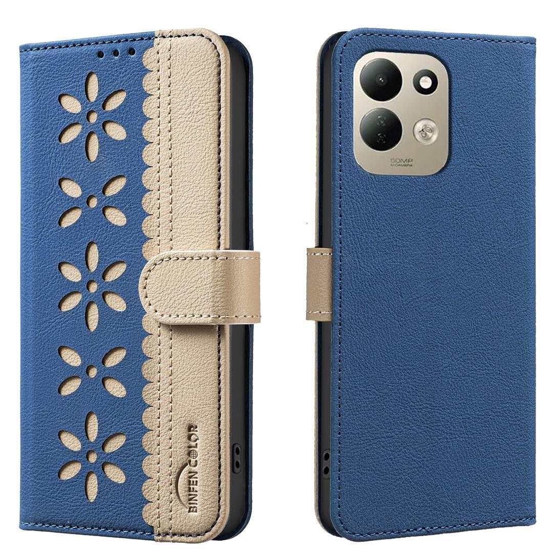 For Redmi 17 5G / 4G Global 170mm Splicing Color Hollow Flower Pattern RFID Leather Phone Case(Dark Blue)