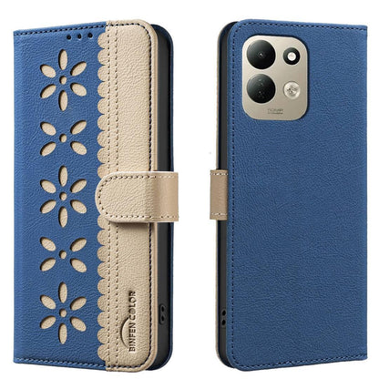 For Redmi 17 5G / 4G Global 170mm Splicing Color Hollow Flower Pattern RFID Leather Phone Case(Dark Blue)