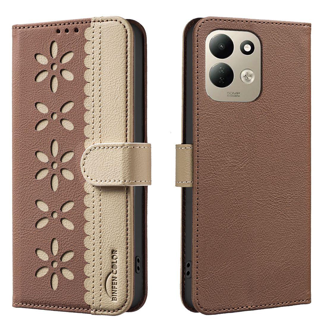 For Redmi 17 5G / 4G Global 170mm Splicing Color Hollow Flower Pattern RFID Leather Phone Case(Brown)