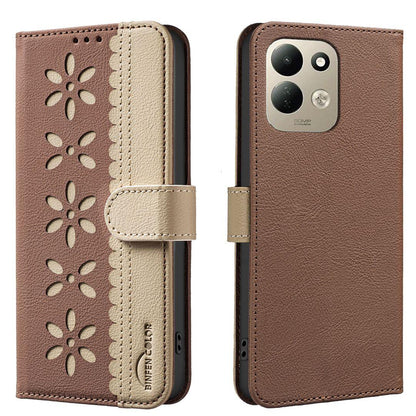 For Redmi 17 5G / 4G Global 170mm Splicing Color Hollow Flower Pattern RFID Leather Phone Case(Brown)