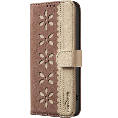 For Redmi 17 5G / 4G Global 170mm Splicing Color Hollow Flower Pattern RFID Leather Phone Case(Brown)