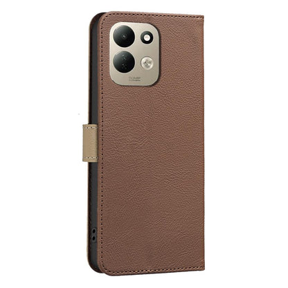 For Redmi 17 5G / 4G Global 170mm Splicing Color Hollow Flower Pattern RFID Leather Phone Case(Brown)