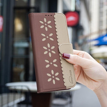 For Redmi 17 5G / 4G Global 170mm Splicing Color Hollow Flower Pattern RFID Leather Phone Case(Brown)