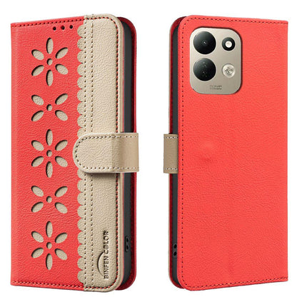 For Redmi 17 5G / 4G Global 170mm Splicing Color Hollow Flower Pattern RFID Leather Phone Case(Red)
