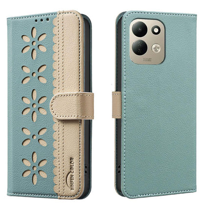 For Redmi 17 5G / 4G Global 170mm Splicing Color Hollow Flower Pattern RFID Leather Phone Case(Green)