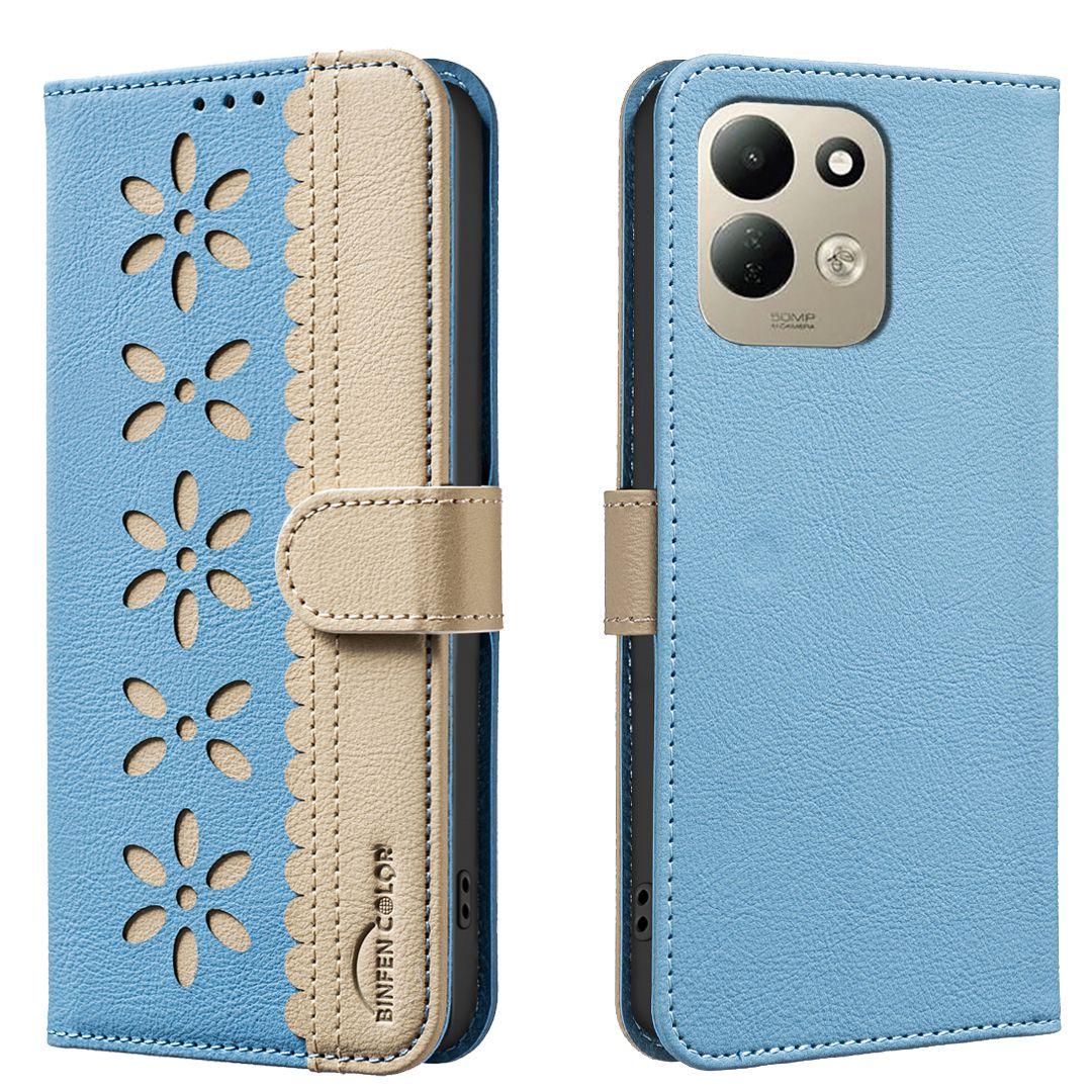 For Redmi 17 5G / 4G Global 170mm Splicing Color Hollow Flower Pattern RFID Leather Phone Case(Baby Blue)