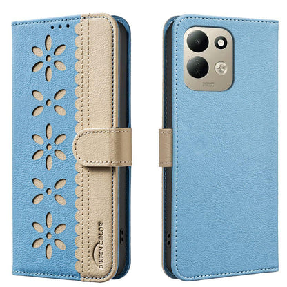 For Redmi 17 5G / 4G Global 170mm Splicing Color Hollow Flower Pattern RFID Leather Phone Case(Baby Blue)