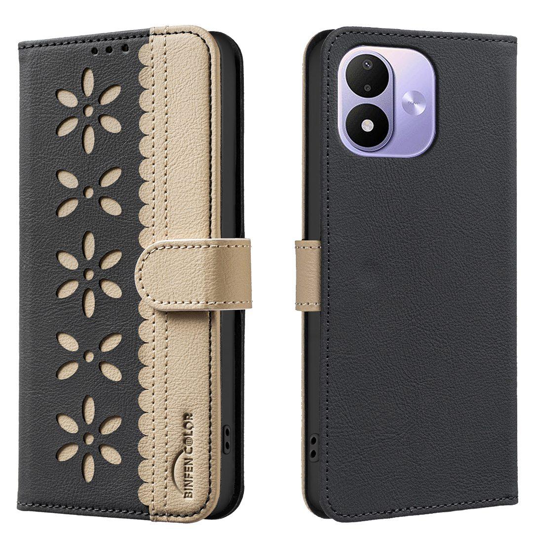 For Redmi Note 17 4G Global 171mm Splicing Color Hollow Flower Pattern RFID Leather Phone Case(Black)