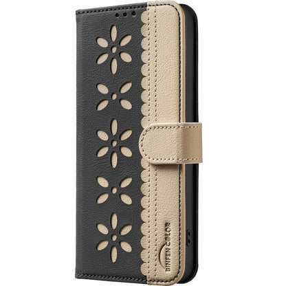 For Redmi Note 17 4G Global 171mm Splicing Color Hollow Flower Pattern RFID Leather Phone Case(Black)