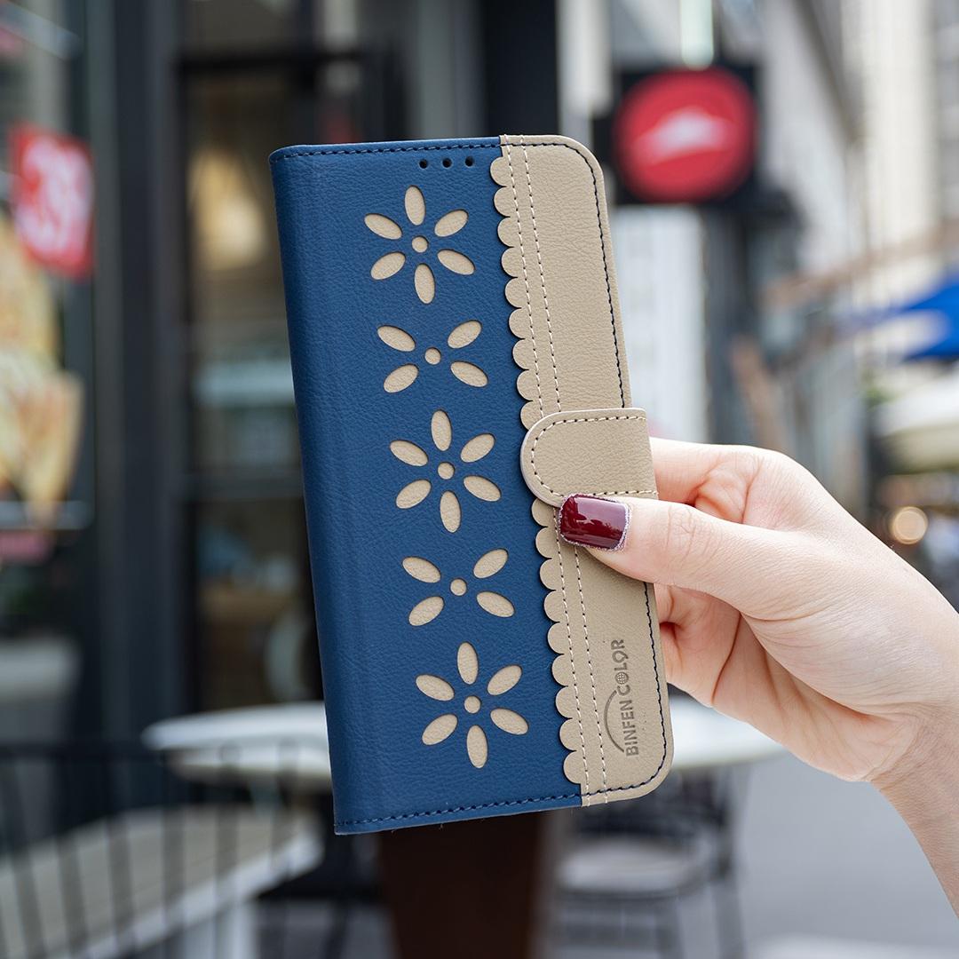 For Redmi Note 17 4G Global 171mm Splicing Color Hollow Flower Pattern RFID Leather Phone Case(Dark Blue)