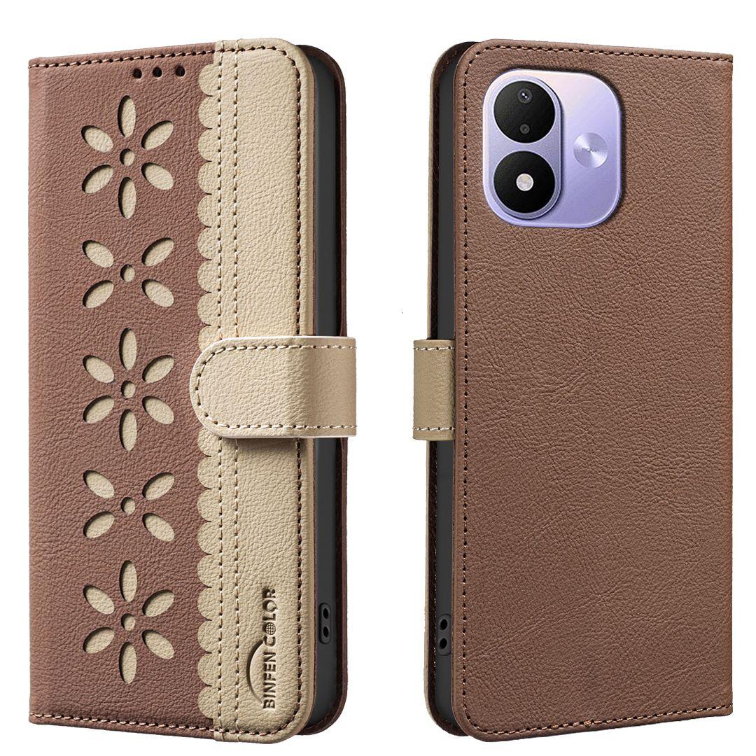 For Redmi Note 17 4G Global 171mm Splicing Color Hollow Flower Pattern RFID Leather Phone Case(Brown)