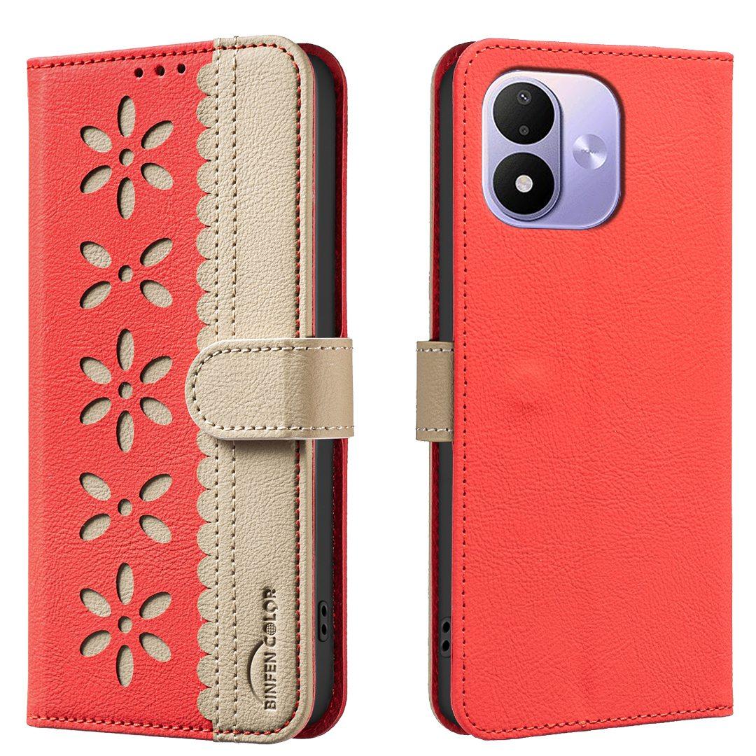 For Redmi Note 17 4G Global 171mm Splicing Color Hollow Flower Pattern RFID Leather Phone Case(Red)