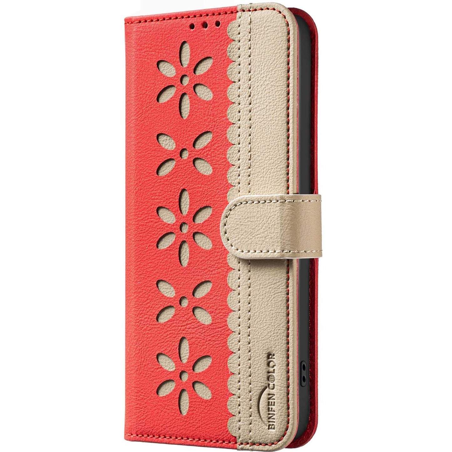 For Redmi Note 17 4G Global 171mm Splicing Color Hollow Flower Pattern RFID Leather Phone Case(Red)