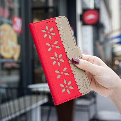 For Redmi Note 17 4G Global 171mm Splicing Color Hollow Flower Pattern RFID Leather Phone Case(Red)
