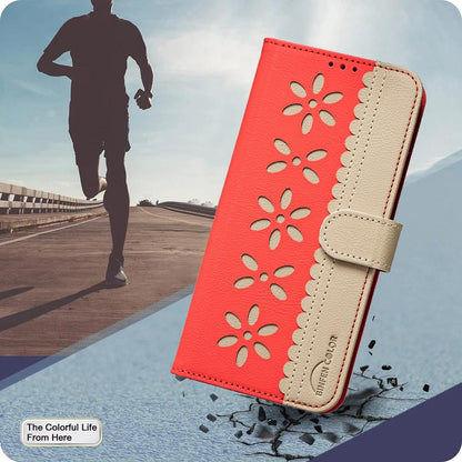 For Redmi Note 17 4G Global 171mm Splicing Color Hollow Flower Pattern RFID Leather Phone Case(Red)