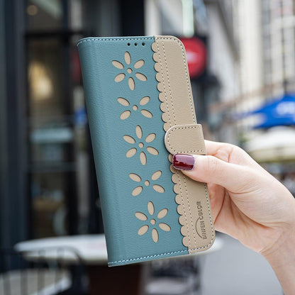 For Redmi Note 17 4G Global 171mm Splicing Color Hollow Flower Pattern RFID Leather Phone Case(Green)