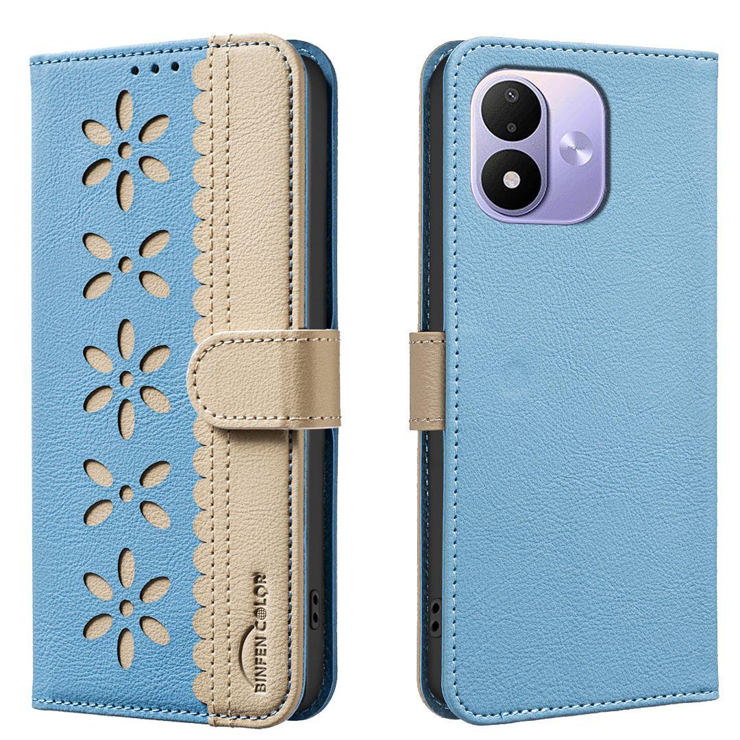 For Redmi Note 17 4G Global 171mm Splicing Color Hollow Flower Pattern RFID Leather Phone Case(Baby Blue)