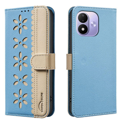 For Redmi Note 17 4G Global 171mm Splicing Color Hollow Flower Pattern RFID Leather Phone Case(Baby Blue)