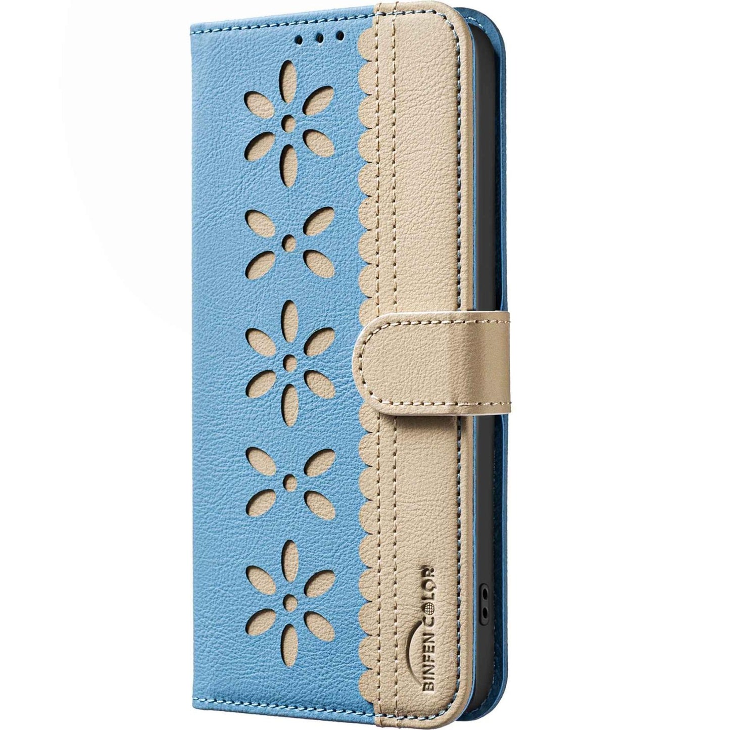 For Redmi Note 17 4G Global 171mm Splicing Color Hollow Flower Pattern RFID Leather Phone Case(Baby Blue)