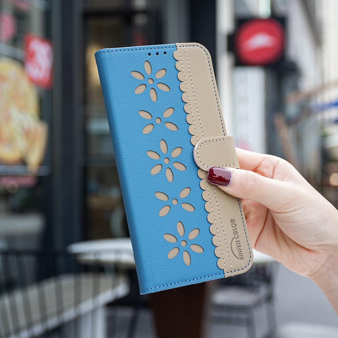 For Redmi Note 17 4G Global 171mm Splicing Color Hollow Flower Pattern RFID Leather Phone Case(Baby Blue)