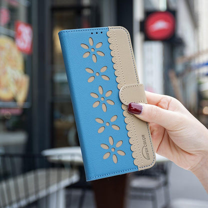 For Redmi Note 17 4G Global 171mm Splicing Color Hollow Flower Pattern RFID Leather Phone Case(Baby Blue)