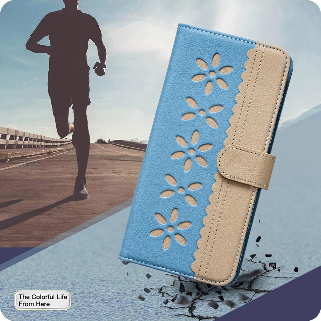 For Redmi Note 17 4G Global 171mm Splicing Color Hollow Flower Pattern RFID Leather Phone Case(Baby Blue)