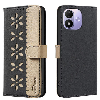 For Redmi Note 17 Pro 5G Global 163mm Splicing Color Hollow Flower Pattern RFID Leather Phone Case(Black)